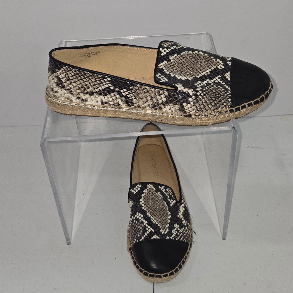 Talbots Womens 6.5M Snakeskin Leather Espadrille Flats Black Cap Toe AC929